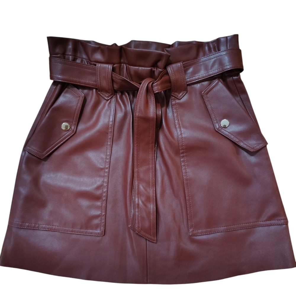 😍 Zara Faux Leather Paperbag Waist Skirt – Burgundy Brown – Size S (Fits M)
